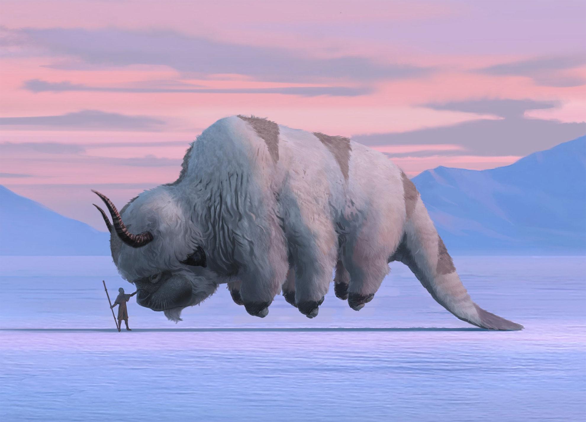 Concept d'Avatar le Dernier Maître de l'air avec Aang caressant Appa le bison volant