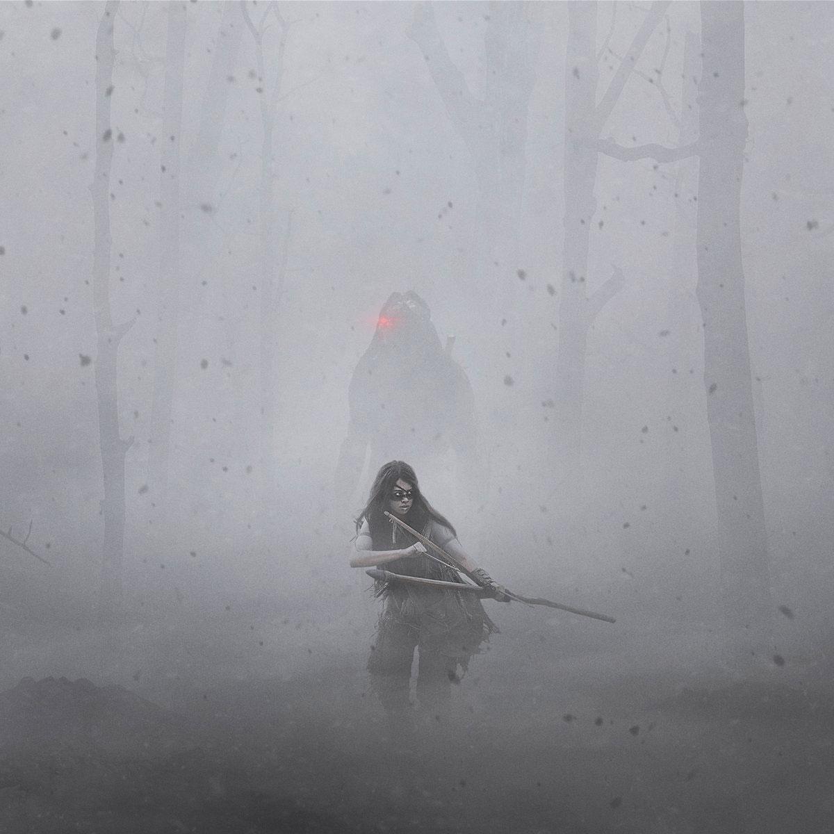 Poster de Prey la prequelle de Predator avec une comanche arc armée et un Predator dans la brume
