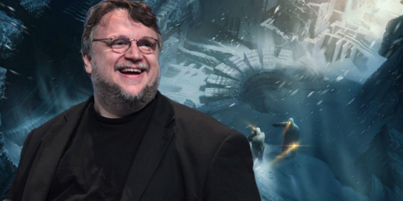 Guillermo del Toro avec un arrière plan un concept art du livre Les Montagnes Hallucinées (At the mountianes of Madness)