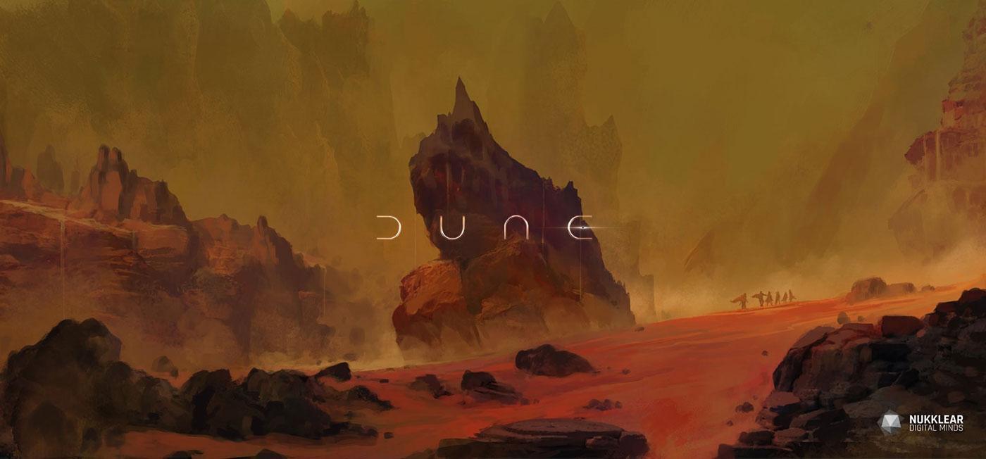 Concept art de Jeux vidéo Dune avec un groupe de Fremen marchand dans un paysage désertique de Arrakis