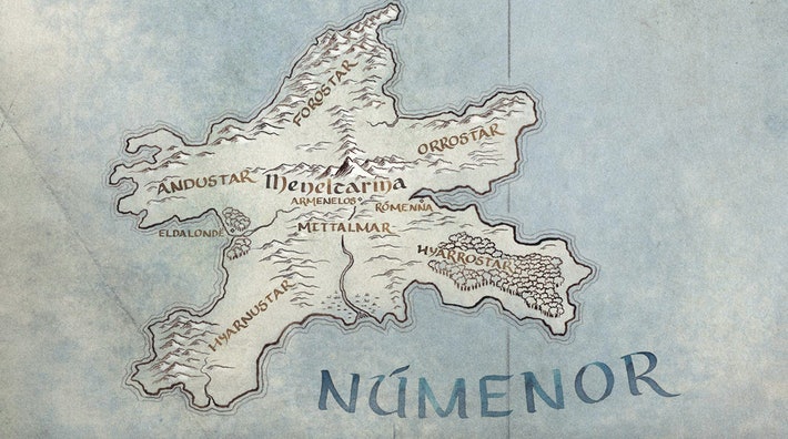 une carte de l'ile de Numenor dans les Terres du Milieu du Seigneur des anneaux et Rings of Power