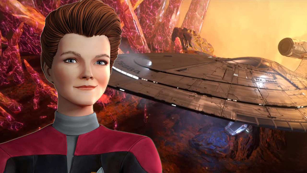 l'hologramme Janeway et le vaisseau de starfleet Le Protostar dans Star Trek Prodigy 